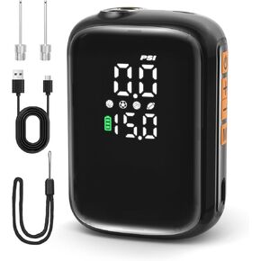 Pumteck AP1-M Electric Ball Air Pump: 15 Psi Portable Fast Inflation Rechargeable Sports Ball Inflator with LED Precise Pressure Gauge for Basketball Soccer Football Volleyball Rugby with 2 Needles