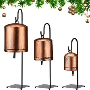 Set of 3 Vintage Rustic Cow Bells with Metal Stands Giant Vintage Rustic Harmony Christmas Bells Gift Brass Farmhouse Table Decorations Hanging Decoration for Holiday Party Decor