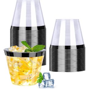 QPEY 50 Pack Gold Rimmed Plastic Cups,9 Oz Premium Gold Disposable Party Cups Clear Hard Plastic Wine Glasses for Holiday Gathering,Wedding,Elegant Disposable Party Cups