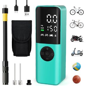 Electric Bike Pump Tire Inflator Portable Air Compressor with Digital Gauge,Max 150 PSI,Auto Shut-Off Air Pump with Presta and Schrader Valves for Road Bike, Mountain Bike, E-Bike, Motorcycle