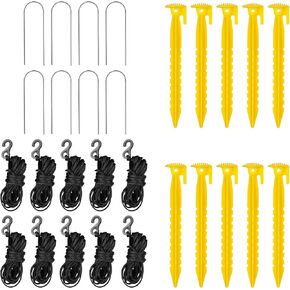 ORIENGEAR Batting Cage Ground Stakes Replacement with Adjustable Windproof Rope, Included U-Shaped Pins X 8, Windproof Rope X 10, Ground Stakes X 10, Suitable for 20FT & 30FT Baseball Batting Cage