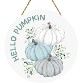 YUNKKIN Fall Door Decor Hello Pumpkin Door Sign Wooden Pumpkin Eucalyptus Leaves Door Hanger Blue White Pumpkin Decor Fall Door Wreath for Harvest Thanksgiving Farmhouse Porch Indoor Wall Home Decor