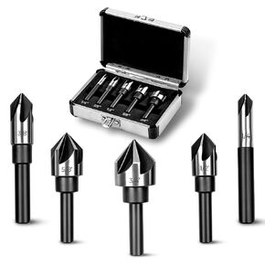 Countersink Drill Bit Set, Countersink Bit, HSS4241 Counter Sink, 82 Degree Countersink 1/4'' 3/8'' 1/2'' 5/8'' 3/4'', 5 Flute Pcs for Wood, Plywood, Plastic, Mild Steel with Aluminum Case