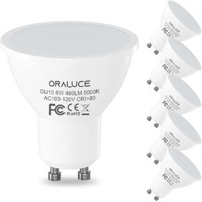 ORALUCE GU10 LED Bulbs, 6 Watt Equivalent to 50W Halogen Light Bulb,Non-dimmable,6500K Cool White, 120 V, 480 Lm,120° Flood Beam Angle, MR16 Shape for Recessed, Track Lighting, Pack of 6
