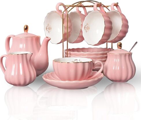 Porcelain Tea Sets British Royal Series, 8 OZ Cups& Saucer Service for 6, with Teapot Sugar Bowl Cream Pitcher Teaspoons and tea strainer for Tea/Coffee, Pukka Home (Pure White) in Saudi Arabia