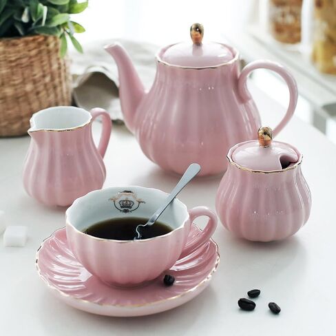 Porcelain Tea Sets British Royal Series, 8 OZ Cups& Saucer Service for 6, with Teapot Sugar Bowl Cream Pitcher Teaspoons and tea strainer for Tea/Coffee, Pukka Home (Pure White) in Saudi Arabia