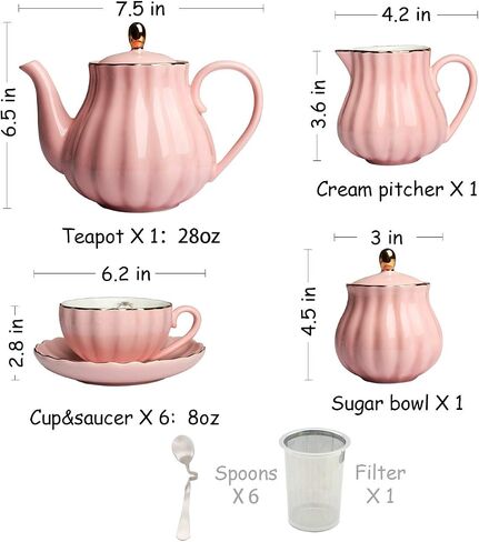 Porcelain Tea Sets British Royal Series, 8 OZ Cups& Saucer Service for 6, with Teapot Sugar Bowl Cream Pitcher Teaspoons and tea strainer for Tea/Coffee, Pukka Home (Pure White) in Saudi Arabia