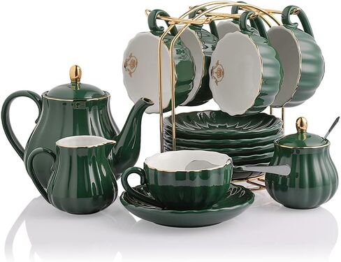 Porcelain Tea Sets British Royal Series, 8 OZ Cups& Saucer Service for 6, with Teapot Sugar Bowl Cream Pitcher Teaspoons and tea strainer for Tea/Coffee, Pukka Home (Pure White) in Saudi Arabia