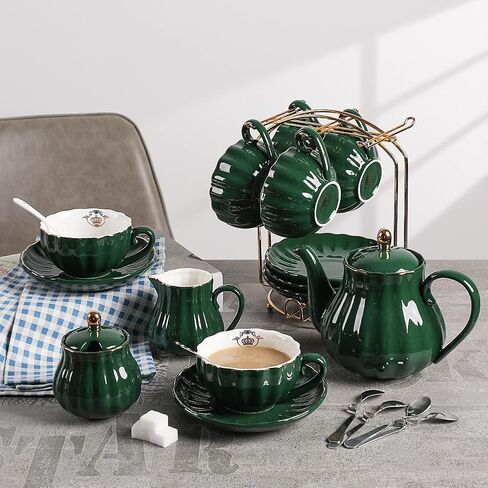 Porcelain Tea Sets British Royal Series, 8 OZ Cups& Saucer Service for 6, with Teapot Sugar Bowl Cream Pitcher Teaspoons and tea strainer for Tea/Coffee, Pukka Home (Pure White) in Saudi Arabia