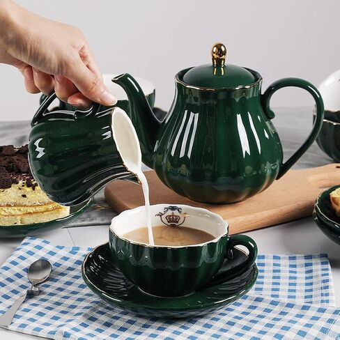 Porcelain Tea Sets British Royal Series, 8 OZ Cups& Saucer Service for 6, with Teapot Sugar Bowl Cream Pitcher Teaspoons and tea strainer for Tea/Coffee, Pukka Home (Pure White) in Saudi Arabia