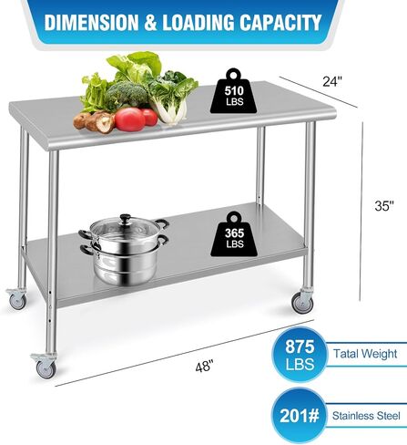 GAOMON Stainless Steel Prep Table 48 x 24 Inch, NSF Heavy Duty Commercial Kitchen Table with 4 Wheels and Undershelf, Outdoor Cooking Table, Dining Room Garage Laundry Room in Saudi Arabia