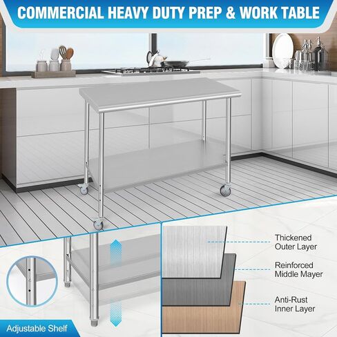 GAOMON Stainless Steel Prep Table 48 x 24 Inch, NSF Heavy Duty Commercial Kitchen Table with 4 Wheels and Undershelf, Outdoor Cooking Table, Dining Room Garage Laundry Room in Saudi Arabia