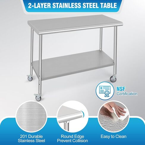 GAOMON Stainless Steel Prep Table 48 x 24 Inch, NSF Heavy Duty Commercial Kitchen Table with 4 Wheels and Undershelf, Outdoor Cooking Table, Dining Room Garage Laundry Room in Saudi Arabia