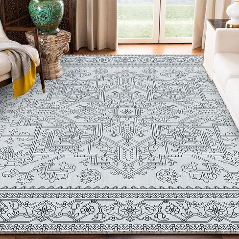 8x10 Area Rugs for Living Room, Boho Washable Rug Non-Slip and Non Shedding, Home Decor Black and White Rugs for Bedroom, Dining Room, Home Office, Kids Room in Saudi Arabia