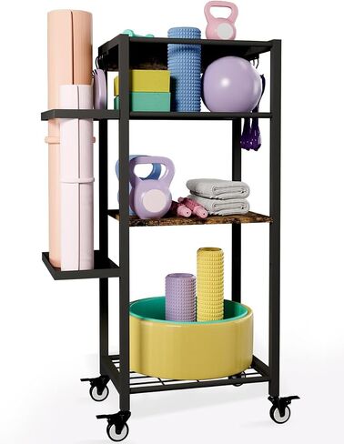 Yoga Mat Storage Rack with Wheels, 3 Tier Home Gym Workout Equipment Organizer for Dumbbells, Kettlebells, Foam Rollers in Kuwait