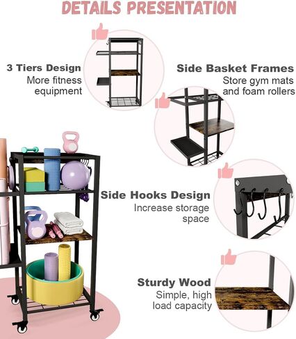 Yoga Mat Storage Rack with Wheels, 3 Tier Home Gym Workout Equipment Organizer for Dumbbells, Kettlebells, Foam Rollers in Kuwait