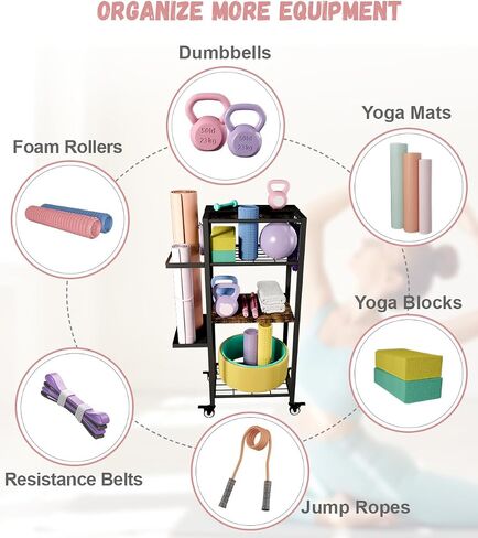 Yoga Mat Storage Rack with Wheels, 3 Tier Home Gym Workout Equipment Organizer for Dumbbells, Kettlebells, Foam Rollers in Kuwait