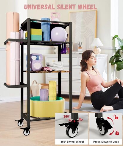 Yoga Mat Storage Rack with Wheels, 3 Tier Home Gym Workout Equipment Organizer for Dumbbells, Kettlebells, Foam Rollers in Kuwait