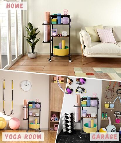 Yoga Mat Storage Rack with Wheels, 3 Tier Home Gym Workout Equipment Organizer for Dumbbells, Kettlebells, Foam Rollers in Kuwait