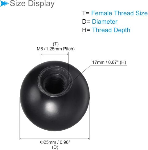 Thermoset Ball Knobs, M8 Female Thread 25mm Diameter, Plastic Metric Hand Screw Grip Black - (Applications: for Lathe Machinery Lever Handle), 15-Pieces in Kuwait