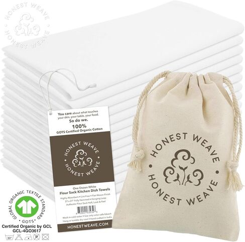 GOTS Certified 100% Organic Flour Sack Cotton Kitchen Hand and Dish Towel Sets - Extra Large 27x27 inches, Fully Hemmed, 12-Pack, Natural Tan in Saudi Arabia