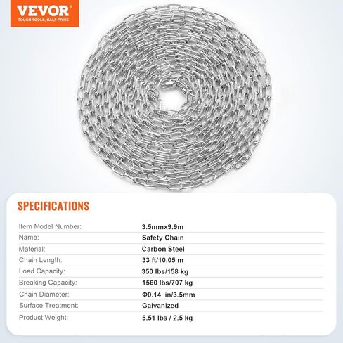 VEVOR Proof Coil Chain, 3/16" x 10', 1100 lbs Safe Working Load, Zinc Plated Proof Tested Coil Chain with Two Quick Links, Galvanized Carbon Steel Link Chain for Towing, Hanging, Camping, Pet Towing in Kuwait