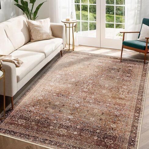 Area Rug 5x7 Washable Rugs Vintage Farmhouse Neutral Rug for Living Room Bedroom Dining Room Entryway, Low Pile Non-Shedding Easy Clean Area Rug, Yellow Green in Saudi Arabia