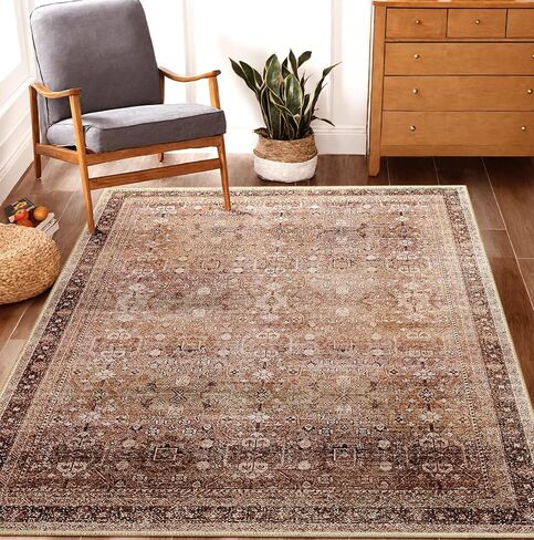 Area Rug 5x7 Washable Rugs Vintage Farmhouse Neutral Rug for Living Room Bedroom Dining Room Entryway, Low Pile Non-Shedding Easy Clean Area Rug, Yellow Green in Saudi Arabia