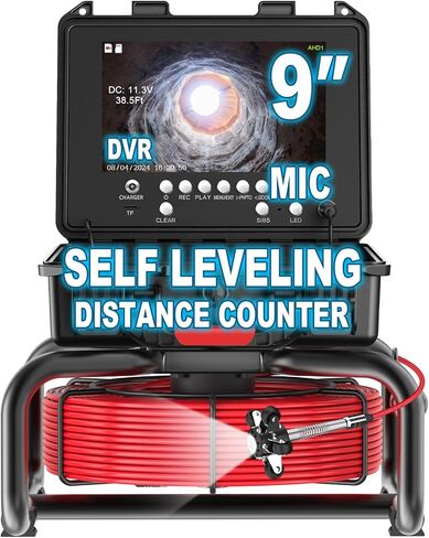 Anysun Sewer Camera Self Leveling with Distance Counter, 100Ft/30M Pipe Inspection Camera with 9'' 1080P IPS Screen, Video Sewer Drain Camera IP68 Industrial Borescope Snake, 16GB Card(Red Cable) in Kuwait