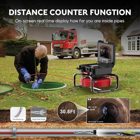 Anysun Sewer Camera Self Leveling with Distance Counter, 100Ft/30M Pipe Inspection Camera with 9'' 1080P IPS Screen, Video Sewer Drain Camera IP68 Industrial Borescope Snake, 16GB Card(Red Cable) in Kuwait
