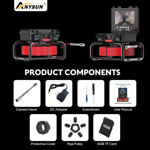 Anysun Sewer Camera Self Leveling with Distance Counter, 100Ft/30M Pipe Inspection Camera with 9'' 1080P IPS Screen, Video Sewer Drain Camera IP68 Industrial Borescope Snake, 16GB Card(Red Cable) in Kuwait