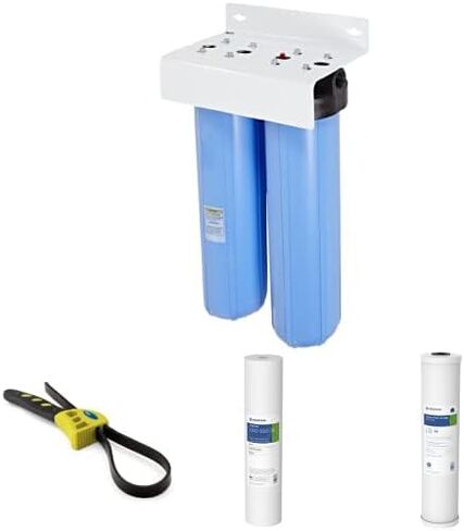 Pentair Pentek BBFS-222 نظام ترشيح ثلاثي المنازل باللون الأزرق الكبير، 1 بوصة NPT #20 غطاء فلتر مياه عالي السعة، يحمل خراطيش فلتر 20 بوصة × 4.5 بوصة in Kuwait