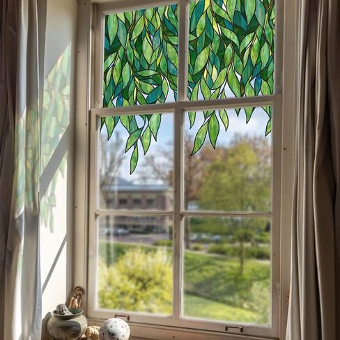 funlife Original Hand-Drawn Stained Glass Window Film, Double-Sided Static Cling Window Cling, Non-Adhesive Glass Windows Border Film Decor for Window Glass Door, 20.53" x 51.18", Spring Green Leaves in Saudi Arabia