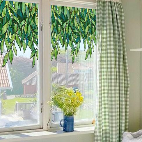 funlife Original Hand-Drawn Stained Glass Window Film, Double-Sided Static Cling Window Cling, Non-Adhesive Glass Windows Border Film Decor for Window Glass Door, 20.53" x 51.18", Spring Green Leaves in Saudi Arabia
