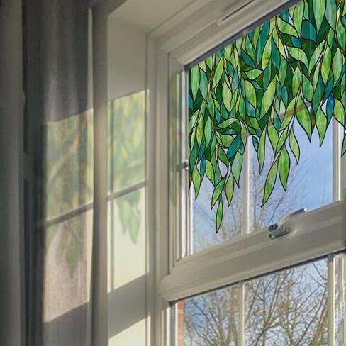 funlife Original Hand-Drawn Stained Glass Window Film, Double-Sided Static Cling Window Cling, Non-Adhesive Glass Windows Border Film Decor for Window Glass Door, 20.53" x 51.18", Spring Green Leaves in Saudi Arabia
