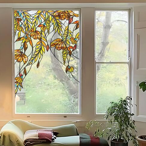 funlife Original Hand-Drawn Stained Glass Window Film, Double-Sided Static Cling Window Cling, Non-Adhesive Glass Windows Border Film Decor for Window Glass Door, 20.53" x 51.18", Spring Green Leaves in Saudi Arabia