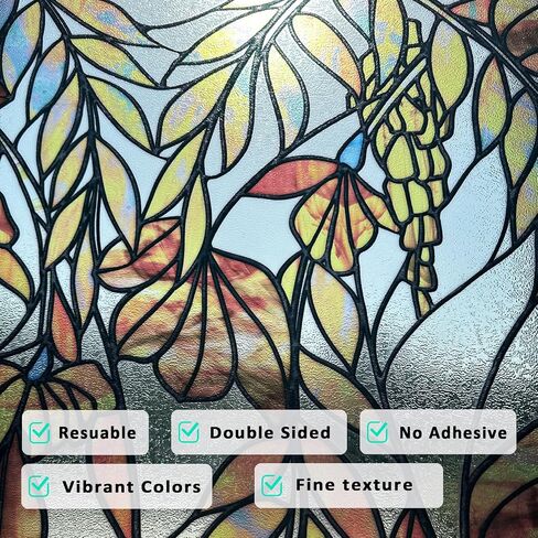 funlife Original Hand-Drawn Stained Glass Window Film, Double-Sided Static Cling Window Cling, Non-Adhesive Glass Windows Border Film Decor for Window Glass Door, 20.53" x 51.18", Spring Green Leaves in Saudi Arabia