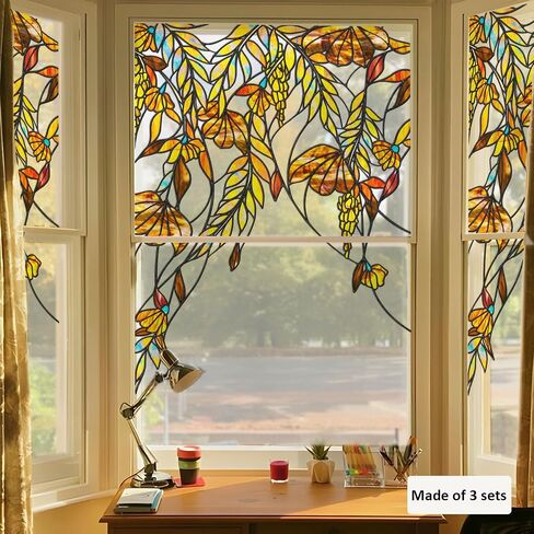 funlife Original Hand-Drawn Stained Glass Window Film, Double-Sided Static Cling Window Cling, Non-Adhesive Glass Windows Border Film Decor for Window Glass Door, 20.53" x 51.18", Spring Green Leaves in Saudi Arabia