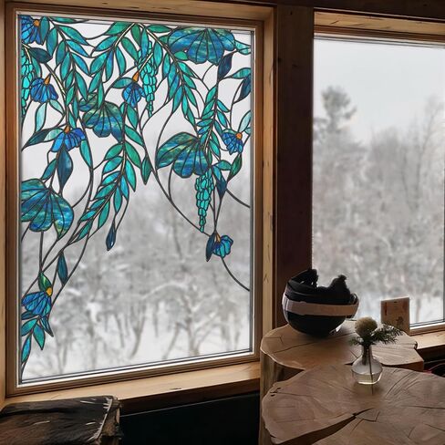 funlife Original Hand-Drawn Stained Glass Window Film, Double-Sided Static Cling Window Cling, Non-Adhesive Glass Windows Border Film Decor for Window Glass Door, 20.53" x 51.18", Spring Green Leaves in Saudi Arabia