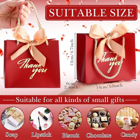 Hsei 40 Pcs Thank You Gift Bags with Handles 5.5 x 2.4 x 4.7 Inches Gold Foil Thank You Small Paper Bags Party Favor with Bow Ribbon Bulk for Christmas Wedding Birthday(Red) in Kuwait