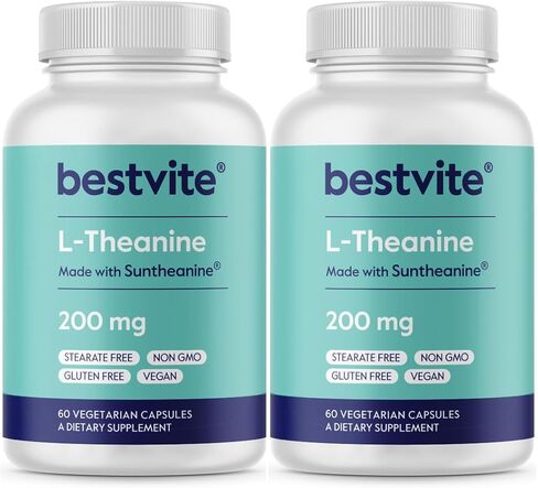 BESTVITE L-Theanine 200mg with Patented and Clinically Studied Suntheanine (60 Vegetarian Capsules) - No Stearates - Vegan - Non GMO - Gluten Free in Kuwait