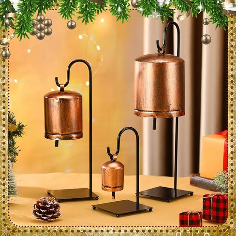 Set of 3 Vintage Rustic Cow Bells with Metal Stands Giant Vintage Rustic Harmony Christmas Bells Gift Brass Farmhouse Table Decorations Hanging Decoration for Holiday Party Decor in Kuwait