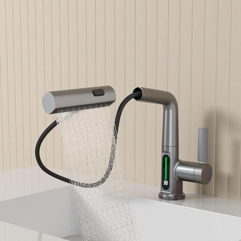 Waterfall Bathroom Sink Faucet, Bathroom Faucet with Pull Out Sprayer Single Hole, Modern Digital Faucet with Temperature Display, Liftable 360° Swivel Faucet, with 3/8" Hose, Black in Saudi Arabia