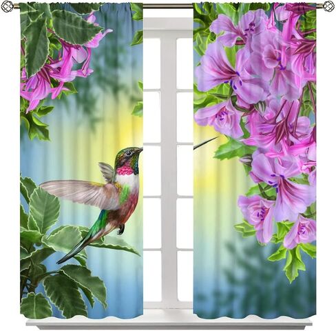 Hummingbird Blackout Curtains, Beautiful Purple Floral Hummingbird Nature Theme, for Bedroom Living Room, 2 Panel Set, 42x45 Inch in Kuwait