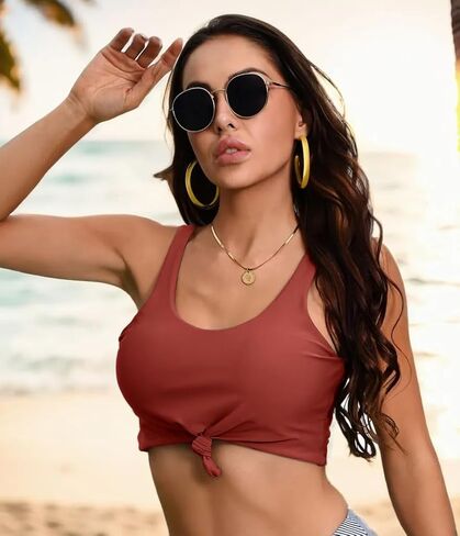 بدلة سباحة نسائية ذات رقبة واسعة وعقدة أمامية بيكيني رياضي لباس السباحة فقط in Kuwait