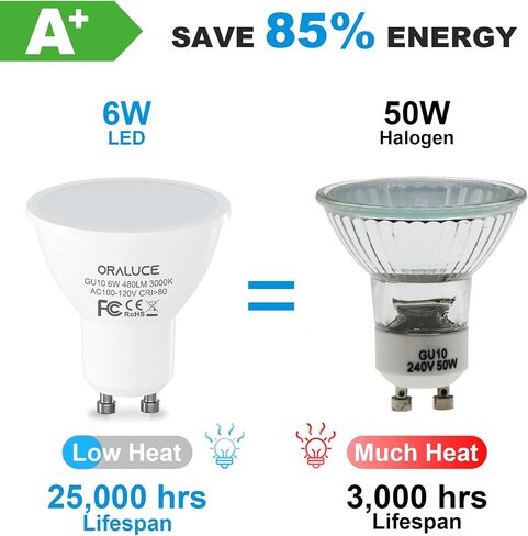 مصابيح LED ORALUCE GU10، 6 وات تعادل لمبة هالوجين 50 وات، غير قابلة للتعتيم، 6500 كلفن أبيض بارد، 120 فولت، 480 لومن، زاوية شعاع الفيضان 120 درجة، شكل MR16 لإضاءة المسار، حزمة من 6 in Kuwait
