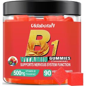 Sugar Free Vitamin B1 gummies 500mg- Thiamine B1 supplement for Adults & Kids- Natural mixed berries flavor, Vegan, 90 chewable Gummies