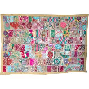 Rastogi Handicrafts Indian Handmade Embroidered Patchwork Old Hanging Wall Art Vintage Tapestry Old Sari Cutting Wall Hanging Parda (Blue, 40 X 60 INCH)