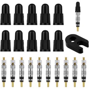 Bike Valve Core Repair Kit Includes 10pcs Replacement Tubeless Valve Cores, 10pcs Valve Core Caps and 1pcs Valve Core Removal Tool for Road Bicycle MTB Bike Tires