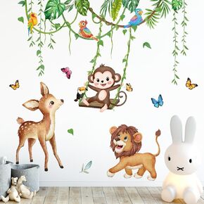 Removable Jungle Animals Wall Decals Peel and Stick Safari Monkey Climbing Tree Wall Stickers Vinyl Sloth Butterfly Vine Mural Art Decor for Kids Nursery Bedroom Living Room Sofa TV Wall